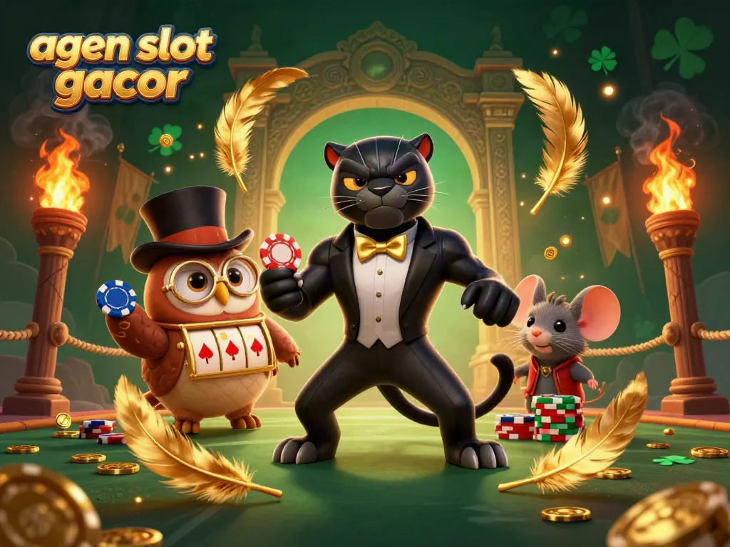 Engaging illustration showcasing agen slot gacor with a stylish panther, owl, and mouse in a dynamic casino scene.