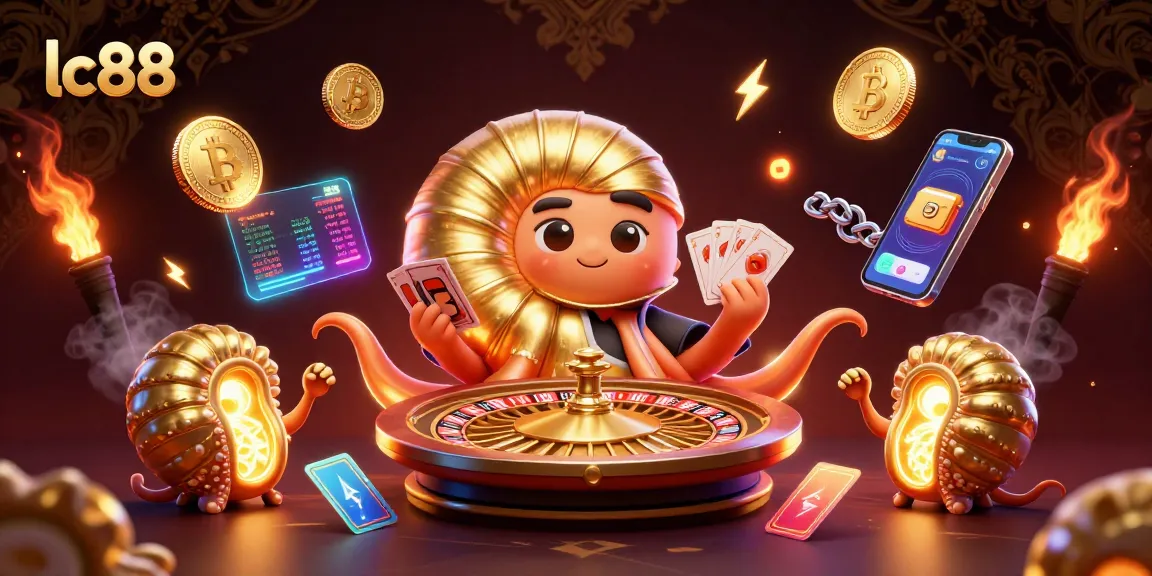 Experience the excitement of lc88 with a 3D illustration showcasing vibrant gaming elements and glowing cryptocurrency.