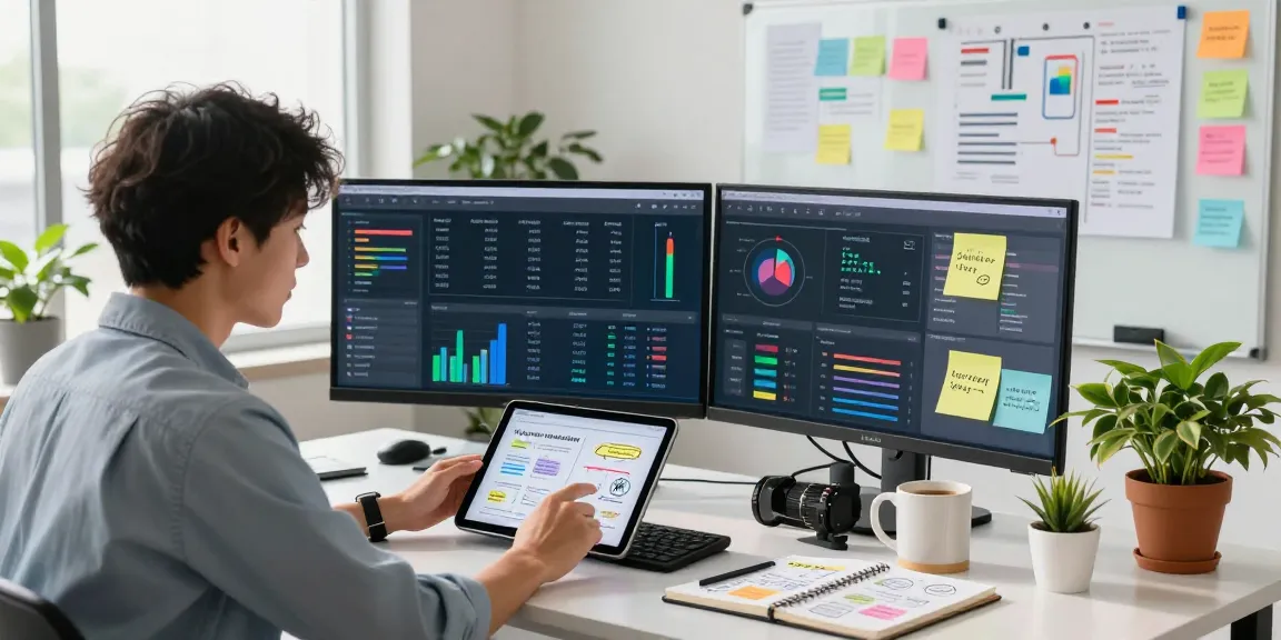Digital marketing workspace at https://www.www456bd.com/ showcasing a strategist analyzing data on multiple screens and tablets in a bright office.