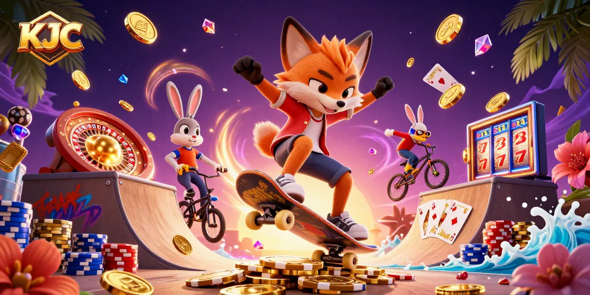 KJC showcases exciting gaming action with a skateboarder fox and BMX rabbit in a vibrant casino scene filled with golden coins.