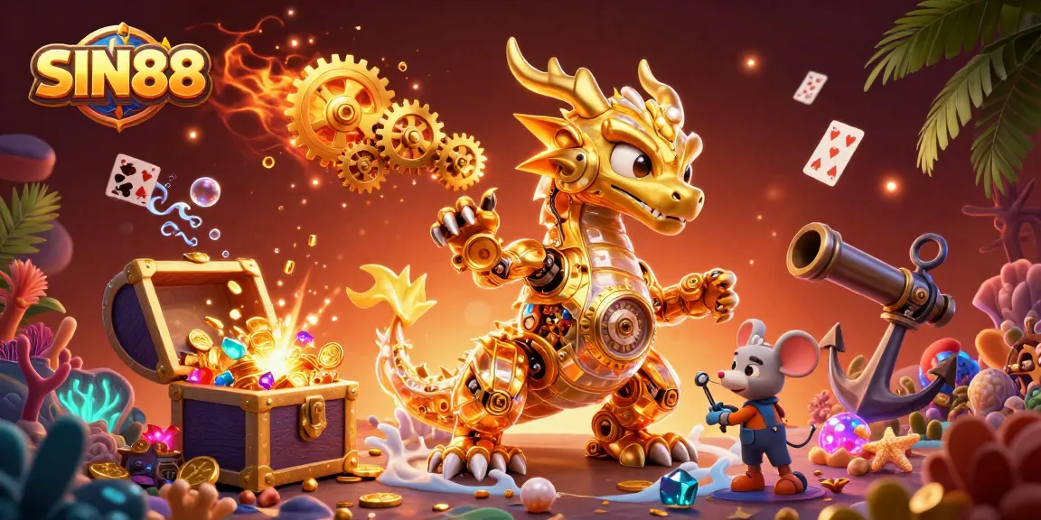 SIN88's stunning 3D illustration featuring a golden dragon surrounded by treasure and gaming elements.