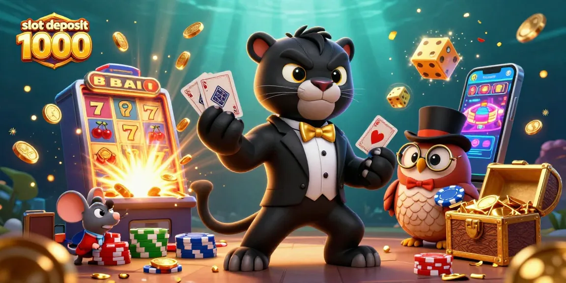 Experience thrilling wins with slot deposit 1000, featuring a charismatic panther dealer and enthusiastic characters.