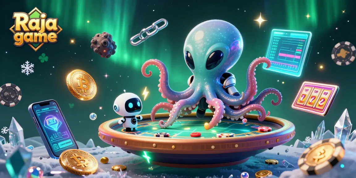 Engage with the Raja game's exciting gameplay in a vibrant 3D illustration featuring an alien octopus and holographic elements.