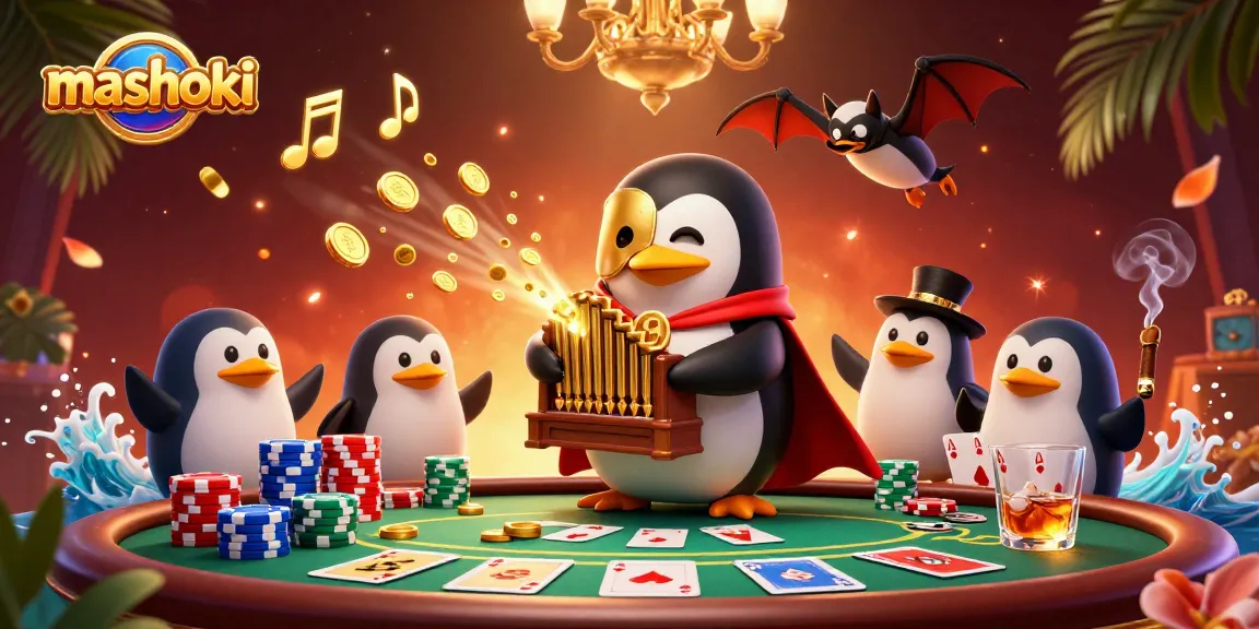 Experience the excitement of mashoki as the penguin plays a winning pipe organ at a vibrant poker scene.