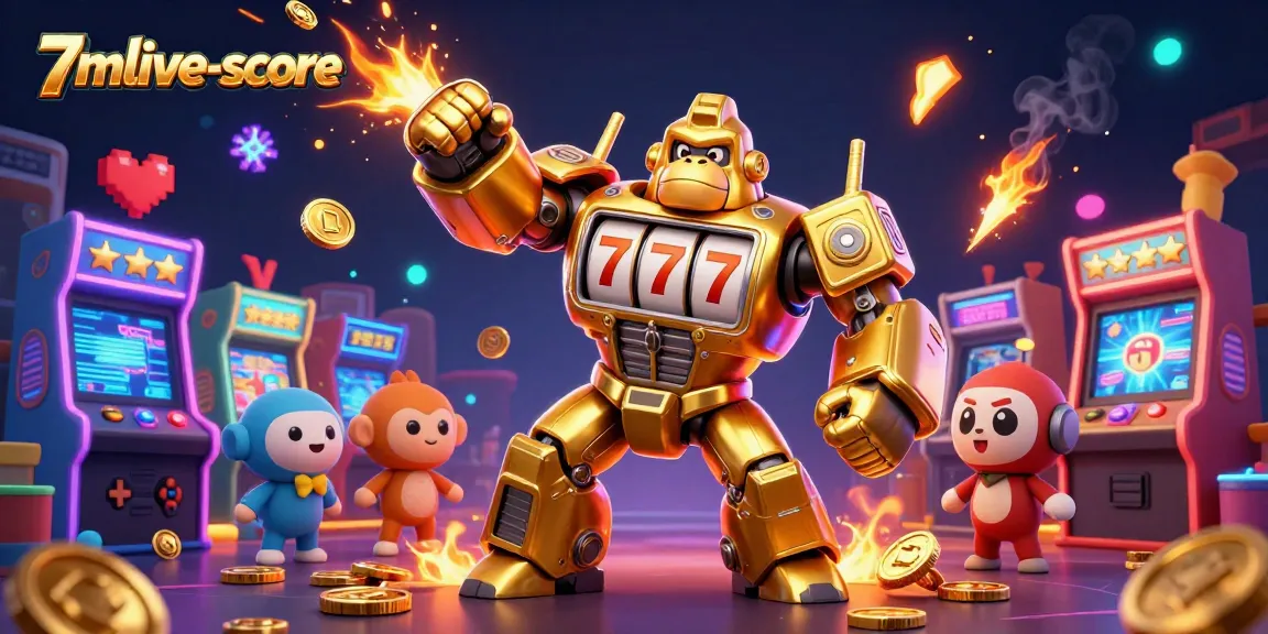 Engaging 3D scene showcases 7mlive-score with a golden gorilla mech and vibrant casino elements.