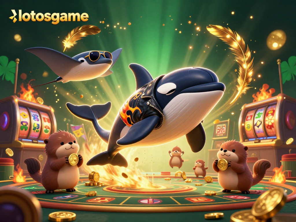 Lotosgame enhances excitement with a dynamic casino scene featuring playful characters and golden prizes.