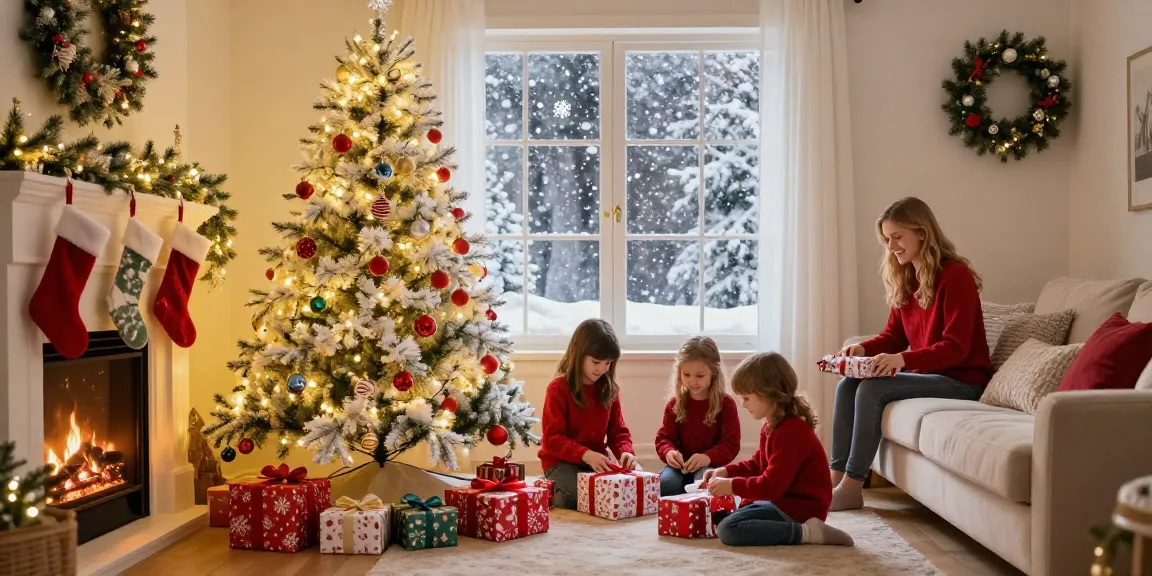 Family enjoying the holiday season around a beautifully decorated artificial white xmas tree with gifts in a cozy living room.