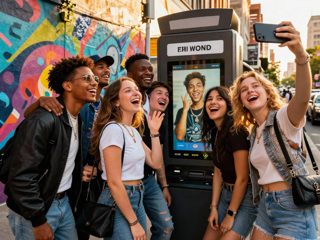 A diverse group of friends enjoying a celebrity look-alike app on a busy urban street, radiating joy and style.