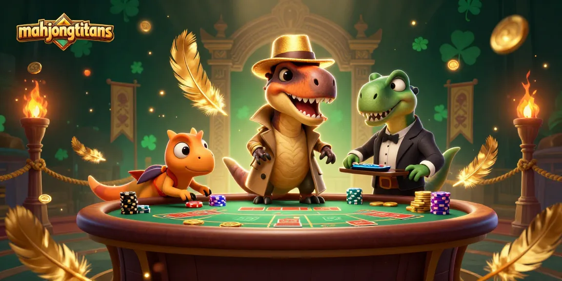 Engage in Mahjong Titans with dynamic scenes featuring a cartoon velociraptor at a blackjack table.