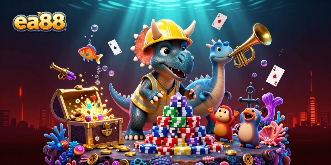 ea88 mang đến hình ảnh hoạt hình 3D đầy màu sắc với triceratops xây dựng chip poker, tạo cảnh casino sôi động.
