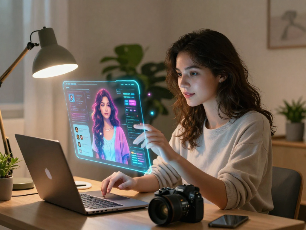 Engaging scene of a young woman with a nsfw ai girlfriend hologram in a cozy home office.