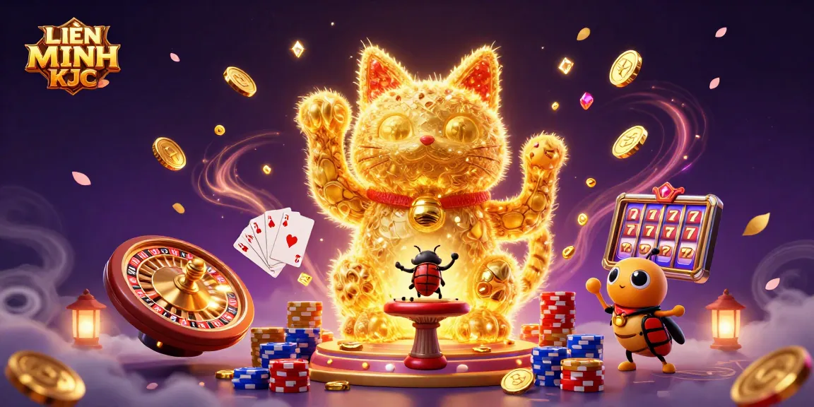 Experience the vibrant world of LIÊN MINH KJC with a 3D lucky cat and golden casino elements.