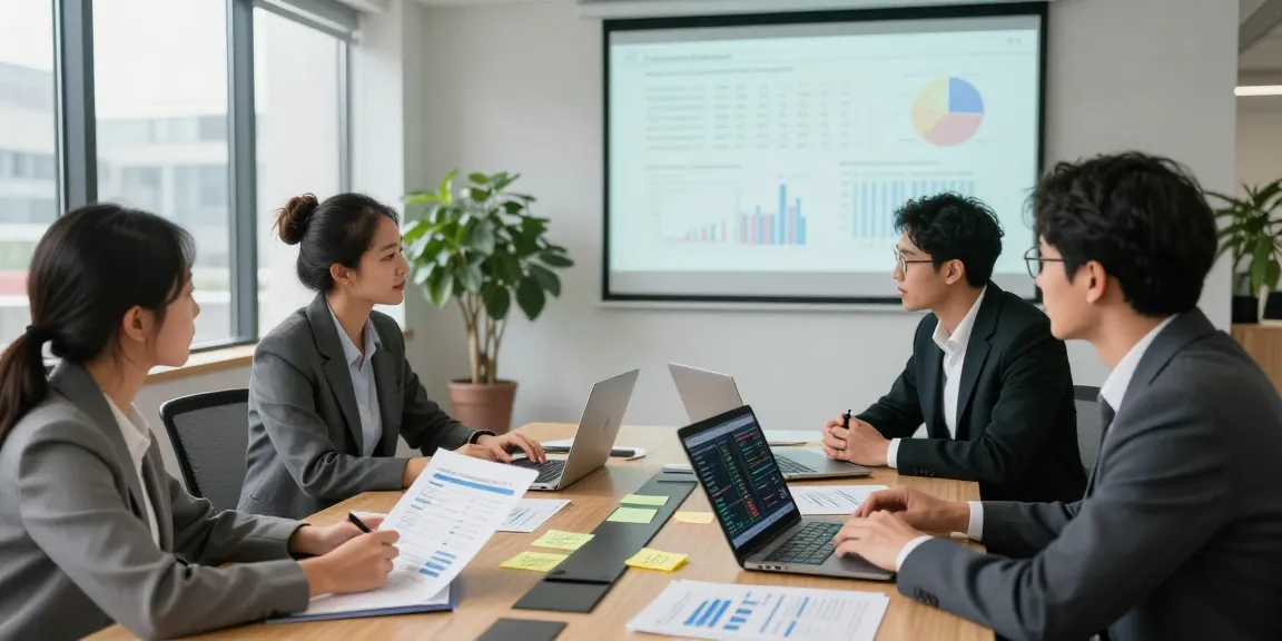 Team discussing how to value a business for purchase in a modern office setting, analyzing market data, and financial reports.