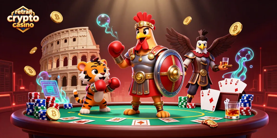 Retrait crypto casino avec un coq gladiateur et des éléments de poker, dans une ambiance dynamique.