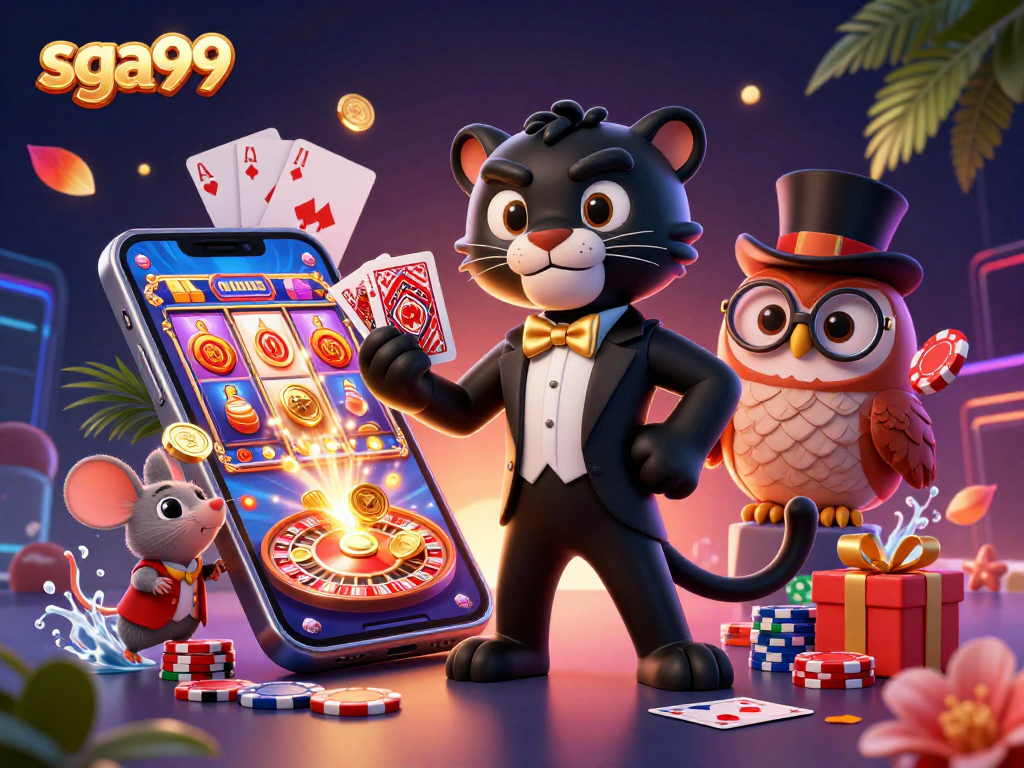Experience the excitement of sga99 with a black panther dealer, owl, and mouse in a vibrant casino setting.