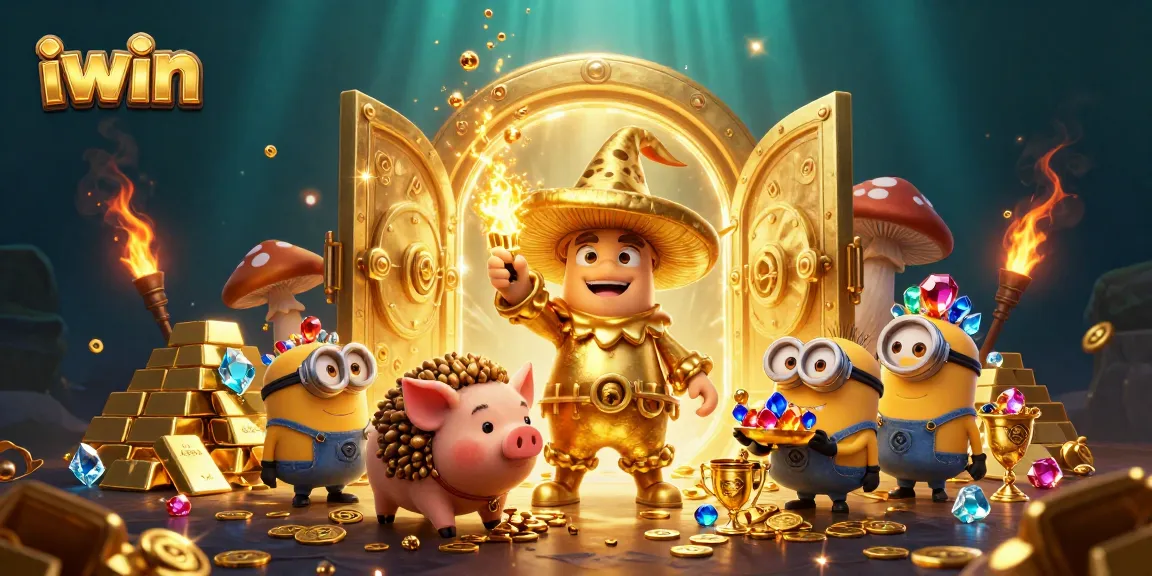 Witness iwin's wizard turning treasures to gold in a vibrant casino illustration.