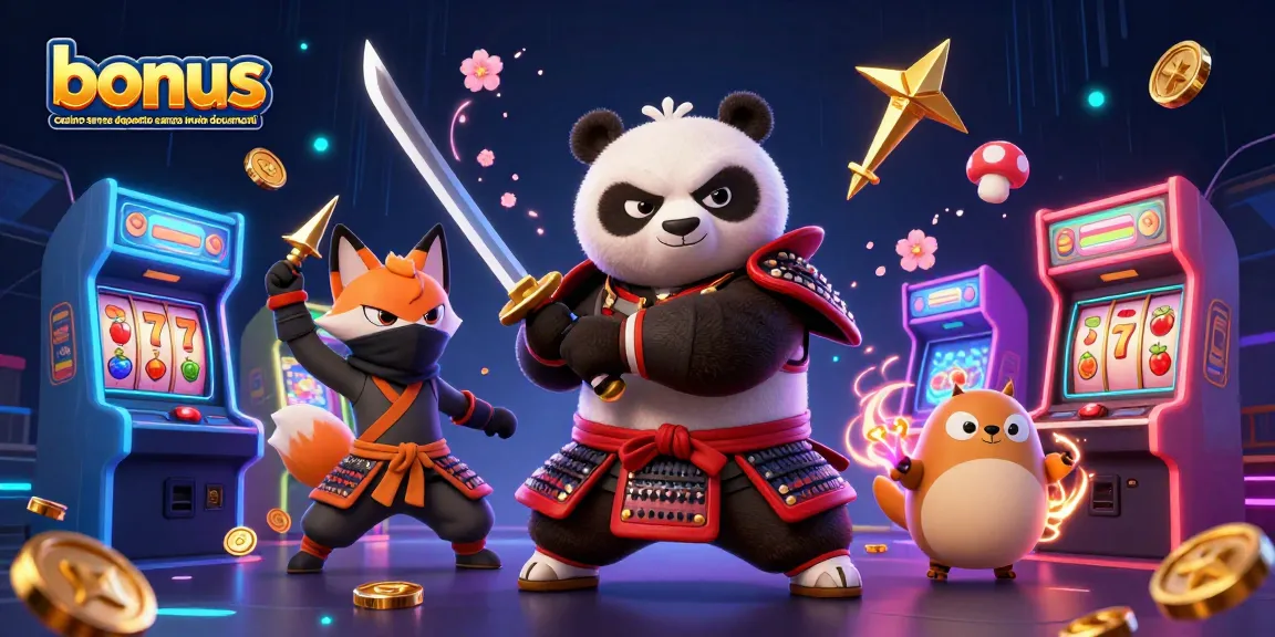 Scopri il bonus casino senza deposito e senza invio documenti con un'illustrazione dinamica di un panda samurai e una volpe ninja.