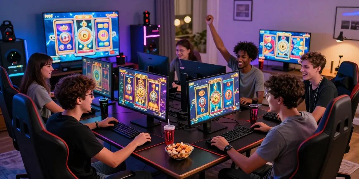 Engaged friends enjoying slot mpo games in a lively gaming room.