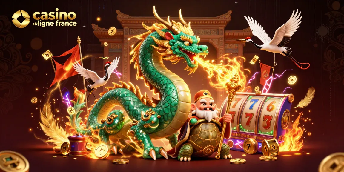 Profitez de l'expérience immersive du casino en ligne France avec un dragon joignant une tortue sage et des grues chanceuses.