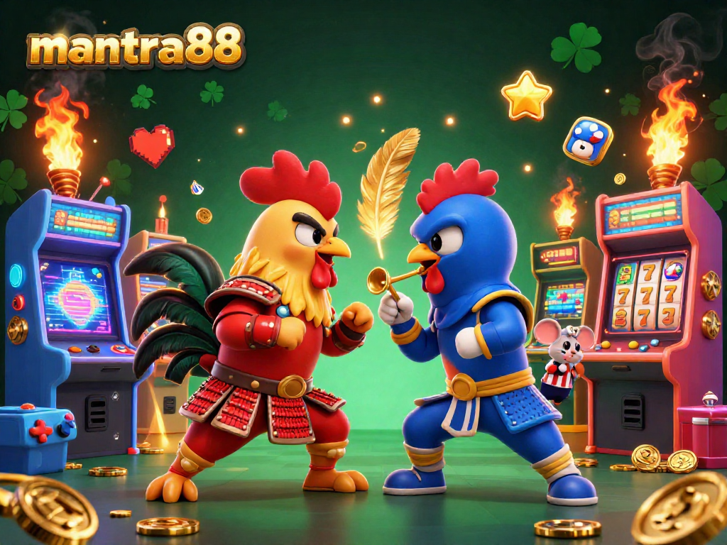 Engage with mantra88's vibrant gaming world featuring roosters battling amidst arcade delights.