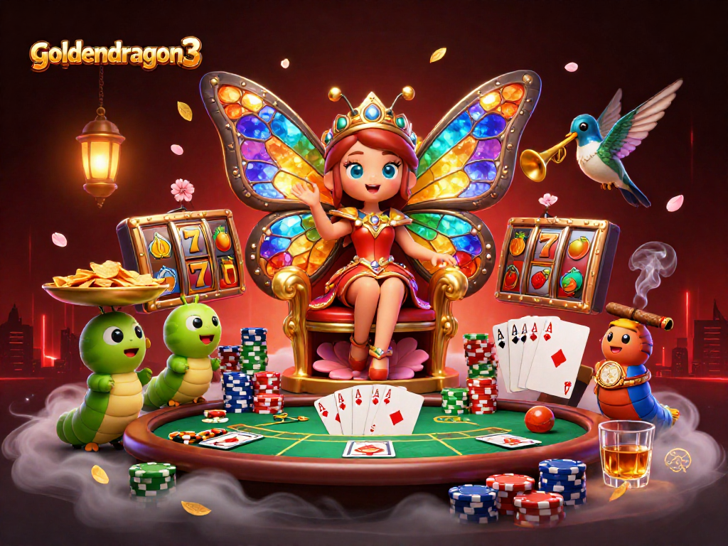 Experience the thrilling excitement of goldendragon3 with a vibrant 3D digital illustration depicting a whimsical casino atmosphere.