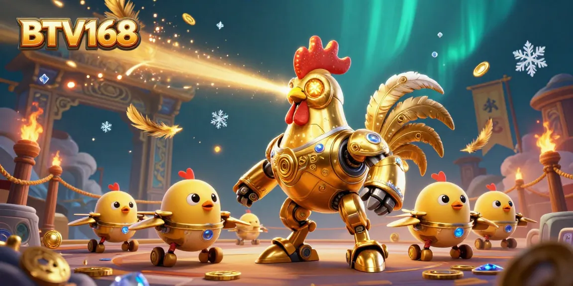 BTV168 showcases a dynamic scene of a golden rooster robot and drones amidst vibrant casino elements.