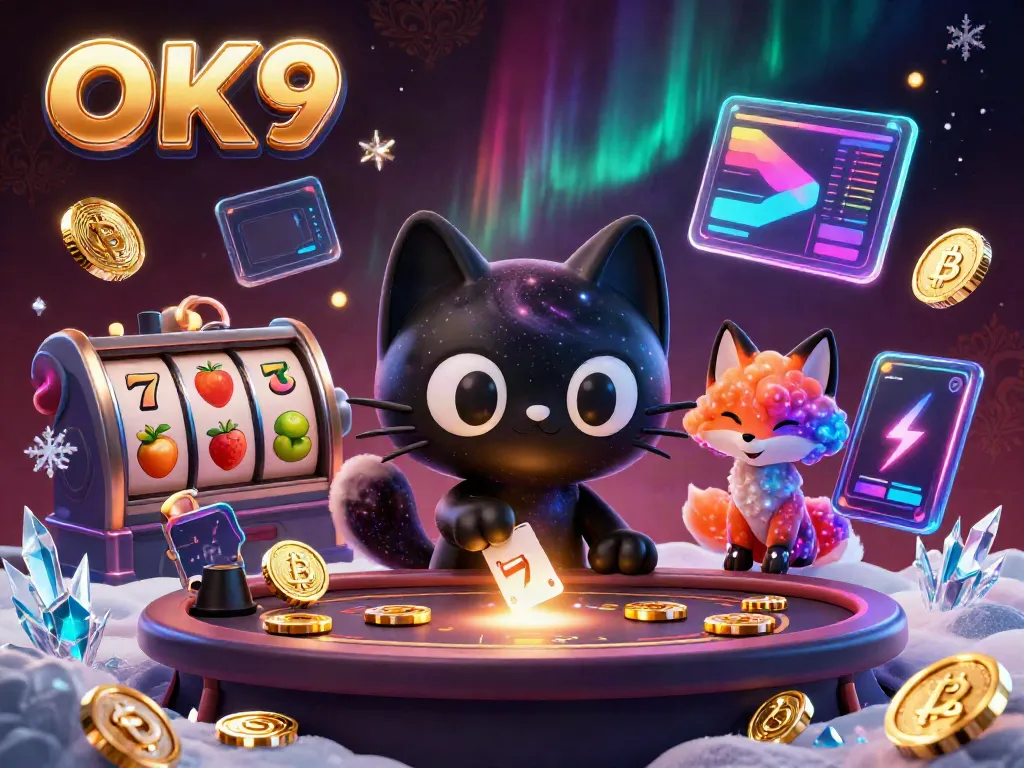 Engage in exciting gameplay with OK9 at a cosmic casino featuring vibrant characters and slots.