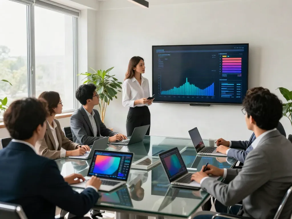 Business professionals collaborating in a modern conference room discussing strategies with a restructuring advisory firm in Chicagoland.