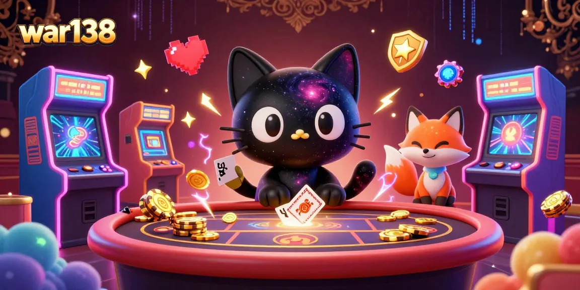 Engage in war138 casino excitement with a cosmic cat captivating golden chips in a vibrant digital casino.