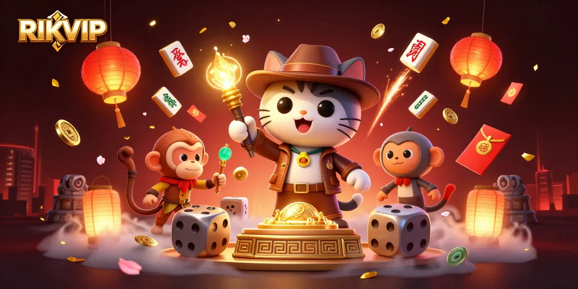 RIKVIP captivates players with an immersive 3D illustration showcasing an adventurous cat and monkey exploring a golden casino artifact.