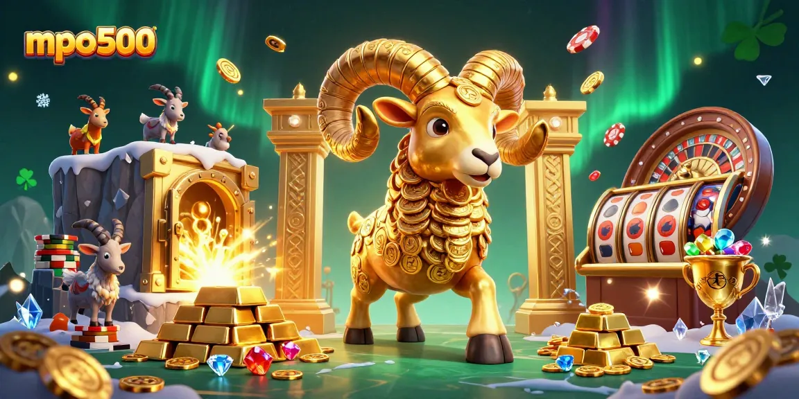 Experience the thrilling vibe of mpo500 gaming with vibrant casino elements and a majestic ram.
