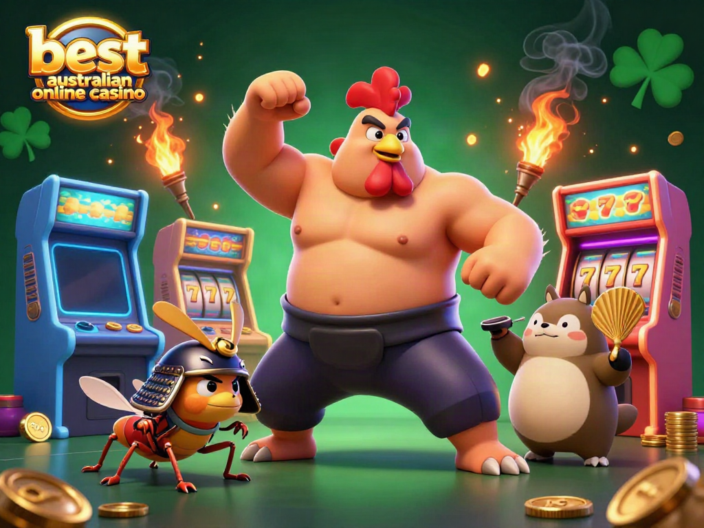 Dynamic scene featuring characters representing the best australian online casino with colorful gaming elements.