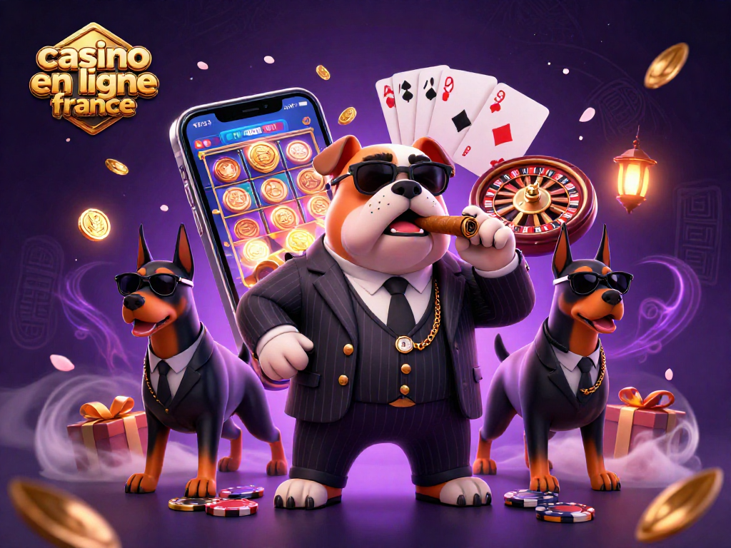 Équipe de casino en ligne France avec un bulldog mafieux et des jeux de hasard dynamiques.