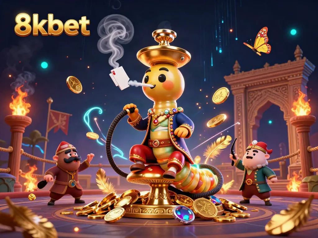 Engage with the unique features of 8kbet, illustrated through a vibrant scene featuring a caterpillar hookah-master and dynamic casino elements.