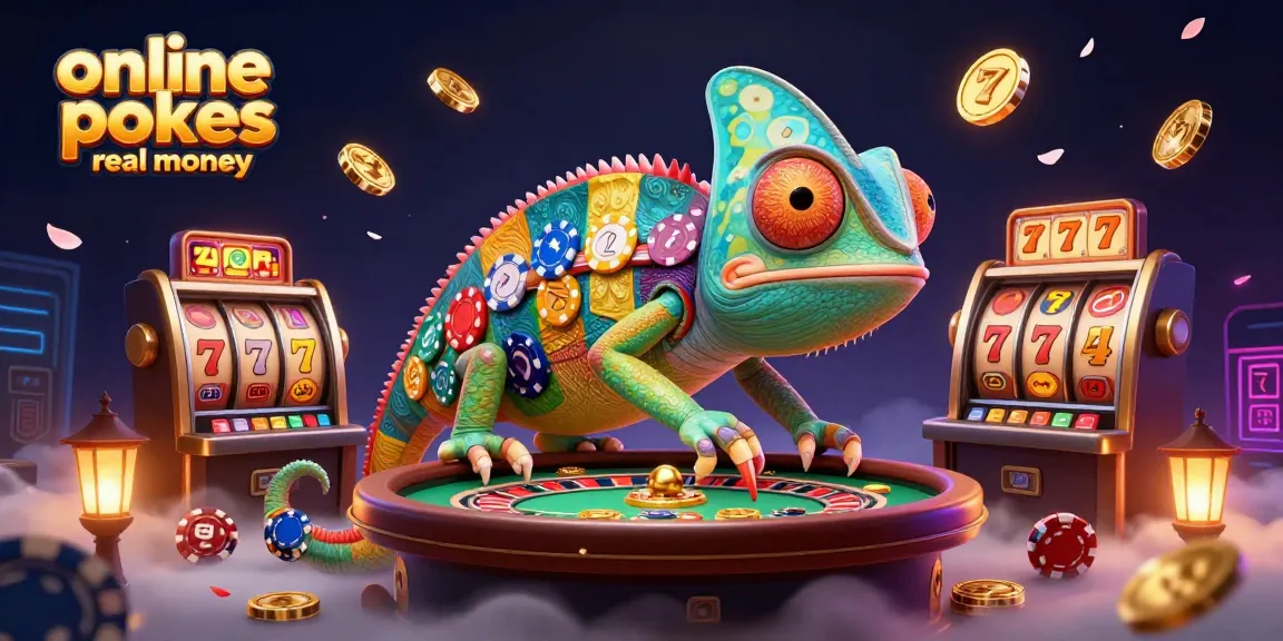 Engage with online pokies real money in a vibrant, dynamic casino scene featuring a colorful chameleon owner.