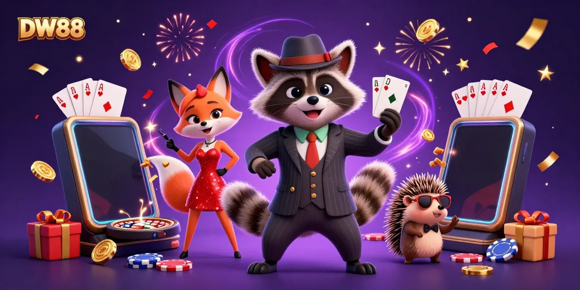 Experience thrilling gameplay with DW88's vibrant 3D scene featuring a suave raccoon, fox lady, and hedgehog bouncer enjoying casino action.