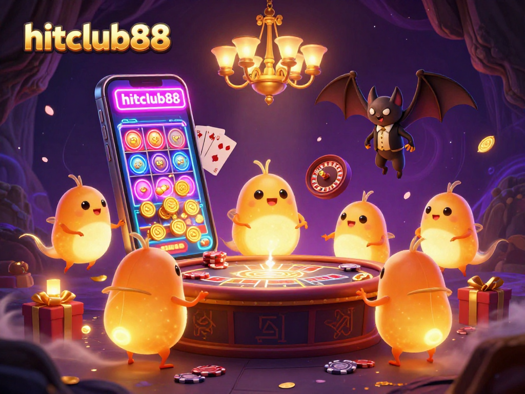 Experience the thrill of hitclub88 as glowworms illuminate a dynamic casino scene bursting with slot games and rich decorations.