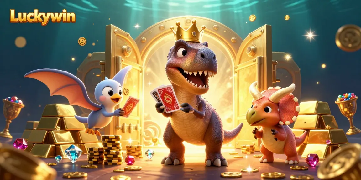 Luckywin showcases a delightful T-Rex shuffling cards with chips, embodying vibrant casino excitement.