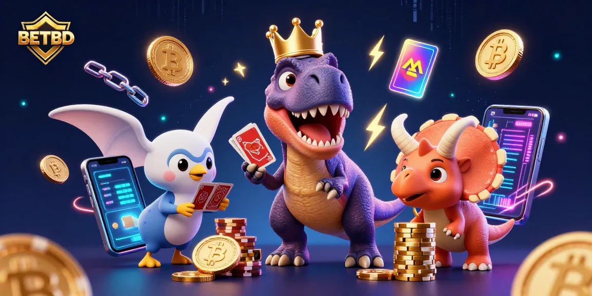 Engage in lively gameplay at BETBD with a vibrant illustration of a T-Rex playing cards and a friendly dino stacking chips.