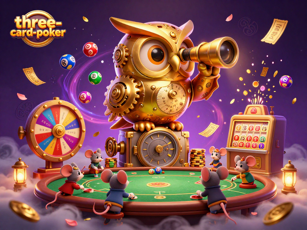 Engage in three-card-poker excitement with a dynamic casino scene featuring unique characters and vibrant game elements.