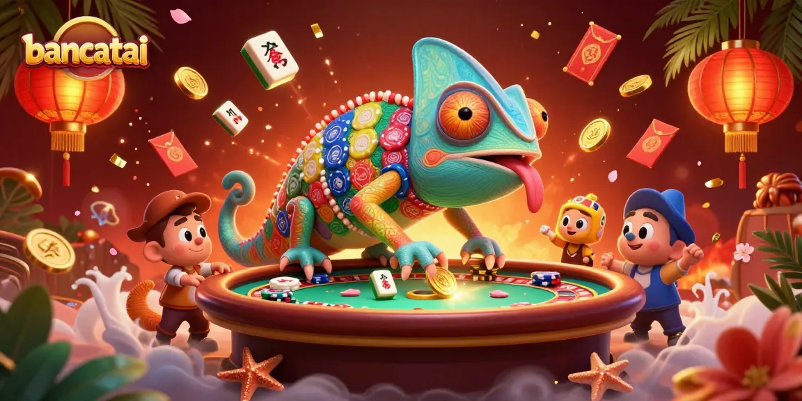 bancatai casino scene with chameleon owner vividly engaging players at roulette and poker tables