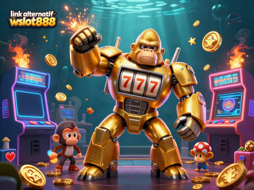 Menangkan jackpot dengan link alternatif wslot888, diilustrasikan oleh gorila emas 3D dengan unsur mesin slot.