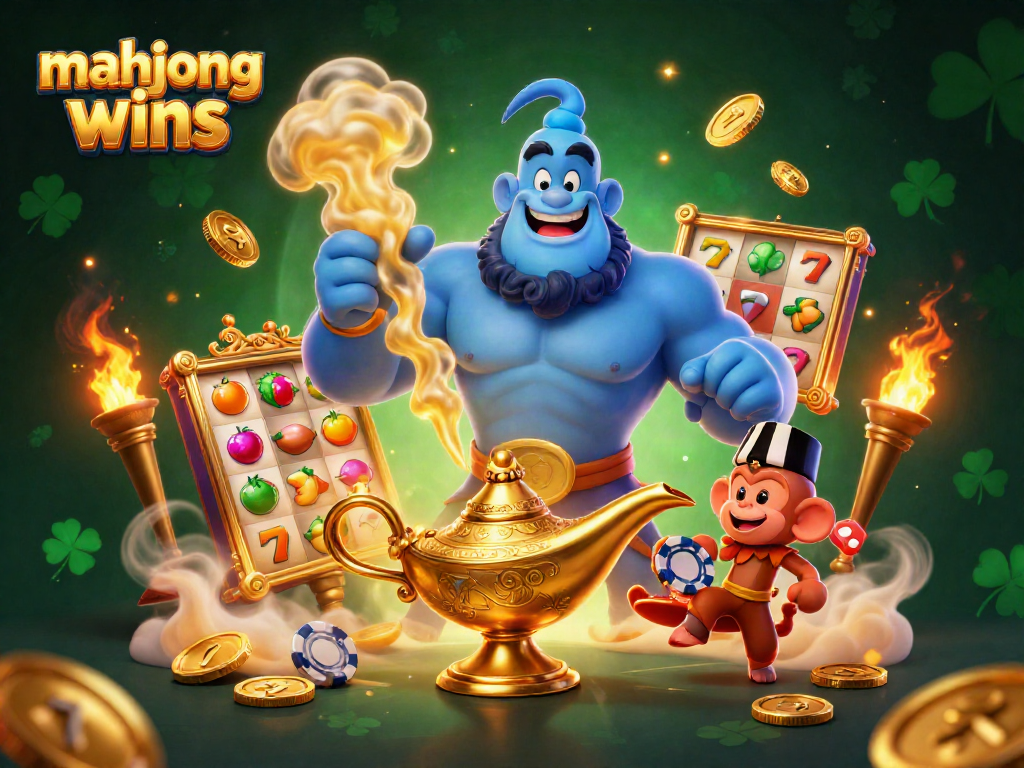 Experience mahjong wins with a dynamic casino scene featuring a genie, monkey, and rich game elements.