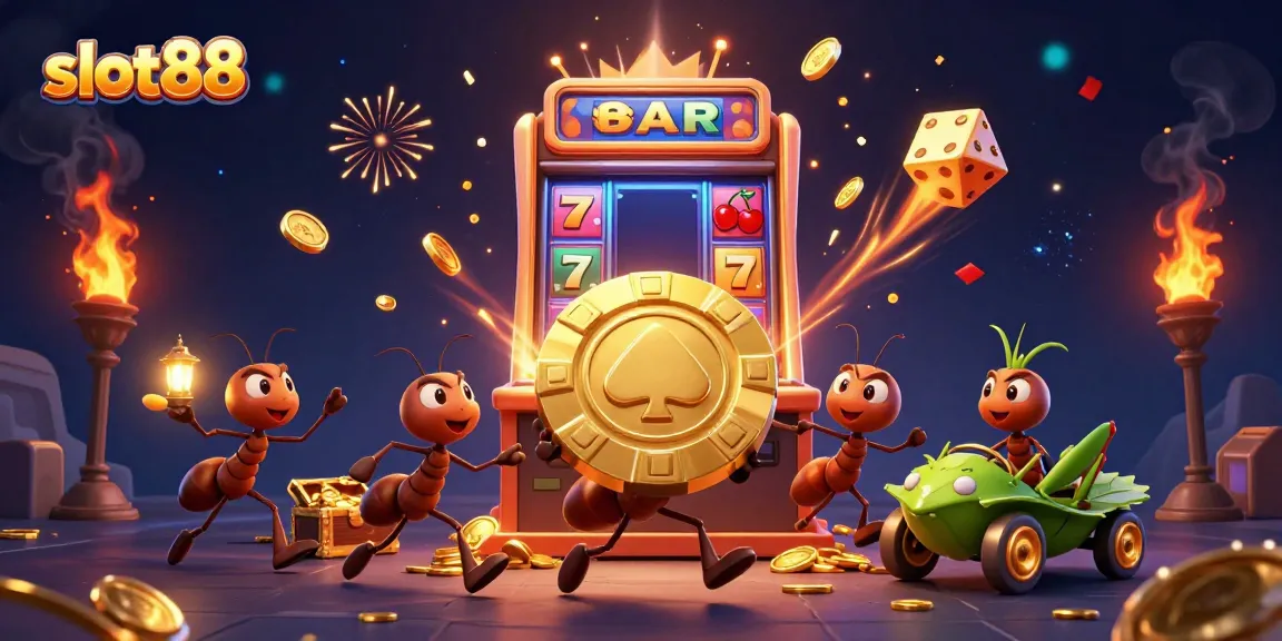 Slot88 jackpot scene with cartoon ants heisting a golden poker chip in a vibrant casino.