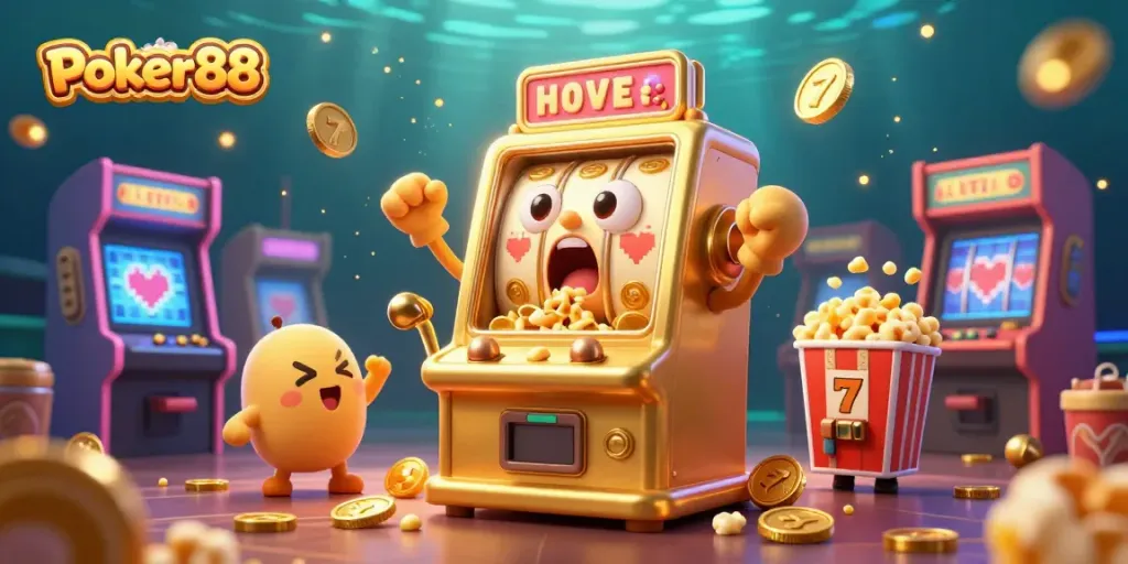 Experience Poker88 with a thrilling cartoon slot machine hitting a jackpot surrounded by celebrating slot machines.