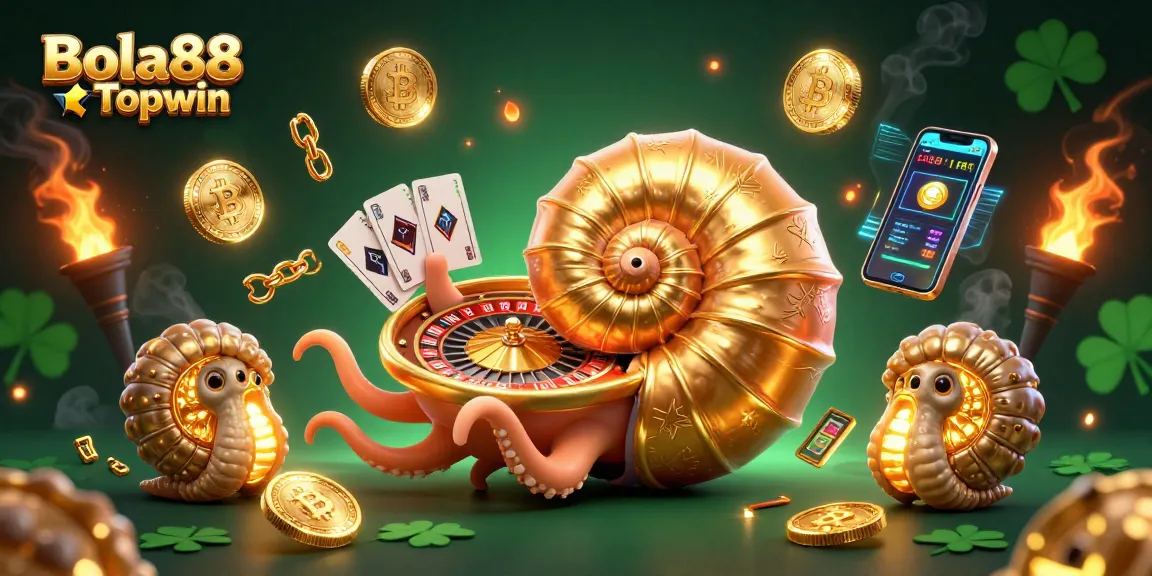 Bola88 Topwin showcases an engaging scene with a giant nautilus roulette wheel, cards, and vibrant cryptocurrency elements.