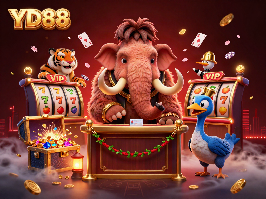 Experience thrilling wins at YD88 with a vibrant casino scene featuring engaging characters and slot games.
