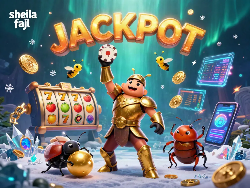 sheila fajl showcases a 3D beetle celebrating a jackpot win, surrounded by vibrant casino elements.