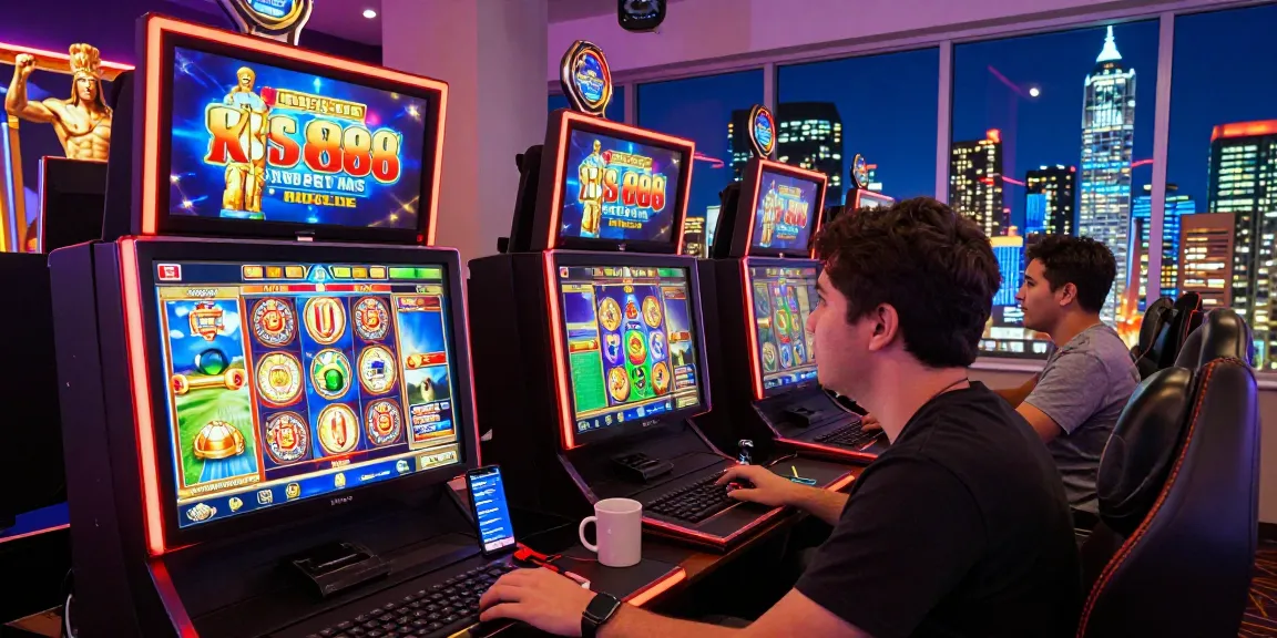 Exciting gaming atmosphere showcasing a player enjoying situs 888 slot games with vibrant decor and Greek mythology theme