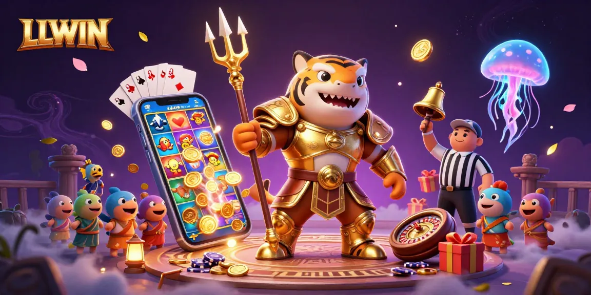 Experience immersive gaming with LLWIN's underwater casino scene featuring a tiger shark, vibrant elements, and games.